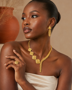 Gold Plated Geometric Square Necklace Set for African Women Short Necklace Fashion Jewelry with Leaf Design Brass Box Chain - Product Image 4