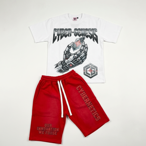 ชุดเสื้อยืดสีขาวกางเกงขาสั้นสีแดง Cyber-Genesis สำหรับผู้ชาย สไตล์สตรีทแวร์ ผ้าฝ้ายพิมพ์ลาย ชุดลำลองฤดูร้อน คอกลม กางเกงขาสั้นมีเชือกผูก - Product Image 1