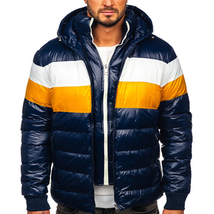 Men's Hooded Puffer <b>Jacket</b> Color Blocking Navy White <b>Yellow</b> Windproof Winter Warm Thick Polyester Quilted Coat Regular Fit - Product Image 6