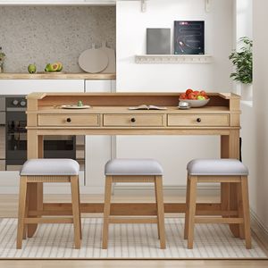 Multifunctional 4-Piece Dining <b>Bar</b> <b>Table</b> Set Gray with 3 Upholstered <b>Stools</b> <b>and</b> 3 Drawers - Product Image 3