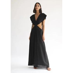Mono largo de lino negro para mujer, cuello en V, manga abullonada, diseño hueco, ajuste holgado, estilo minimalista, ropa de playa para primavera y verano - Product Image 1