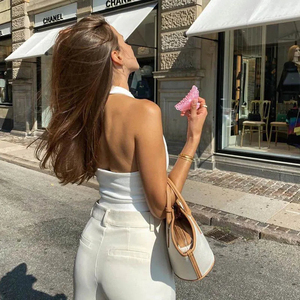 Top Corto de Punto Blanco para Mujer, Estilo Minimalista, Transpirable, de Algodón y Spandex - Product Image 3