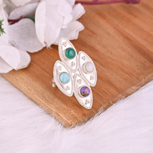 แหวนพลอยสีม่วงธรรมชาติ, มูนสโตนสีรุ้ง, อเมซอนไนต์, ออนิกซ์สีเขียว |   เงินแท้ 925 - Product Image 2
