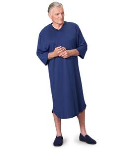 Bata de paciente adaptable para hombres con discapacidad, de algodón tejido azul marino, uniforme de hospital, sin costuras, cuello en V, manga larga, ropa de recuperación - Product Image 1