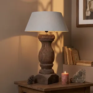 <b>Vintage</b> Old Wood <b>Lamp</b> Base Handmade Contemporary Eco-Friendly Table Light Neutral Fabric <b>Shade</b> Living Room Diwali Home - Product Image 5