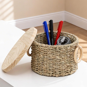 Handwoven Seagrass Storage Basket with Wooden Lid & Handles for Organization, Home, Closet, <b>Desktop</b> & <b>Shelves</b> - Product Image 3