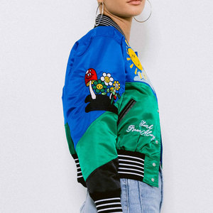 Varsity <b>Jacket</b> <b>Women</b> Cartoon Print Blue Green Patch Design Turn-down Collar Full Sleeve Short Length <b>Spring</b> Wear - Product Image 3