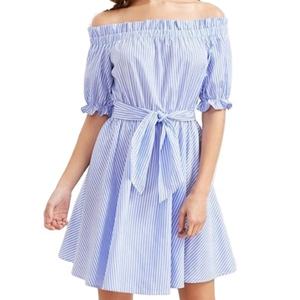 Light Blue Stripe <b>Off</b>-<b>shoulder</b> Elasticated Tie Half Sleeve Mini <b>Dress</b> - Product Image 1