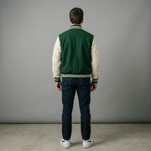 Chaqueta de Lana Verde para Hombre con Mangas Crema, Cuello y Puños de Punto Acanalado, Cierre Frontal Completo, Estilo Casual Urbano Premium, Chaqueta Personalizada de Dos Tonos a la Moda - Product Image 2