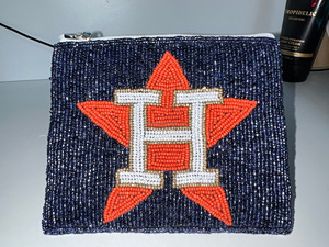 Houston Astros กระเป๋าใส่เหรียญประดับลูกปัดรูปดาวสีส้มและรูปดาว H โลโก้ | คลัทช์แฟนเบสบอลกันน้ำทนทานทำด้วยมือ | ลูกปัดธีมกีฬาที่กำหนดเองได้ - Product Image 2