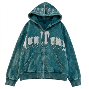 Sudadera con capucha casual de estilo urbano, lavado ácido, estilo oscuro, con estampado de letras, oversize y bordado de chenilla - Product Image 1