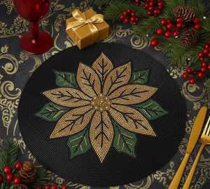Handmade Beaded Polyester/Cotton Floral Embroidered Stripe <b>Placemat</b> Dining Table Decor <b>Black</b> Green Eco-Friendly Home Hotel Use - Product Image 3