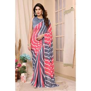 FANCY GEORGETTE PRINT WORK UN MINUTO SAREE CON BLUSA DESCOSTADA GRIS - Product Image 1