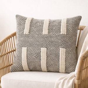 Luxury Boho Zigzag Pattern Pillowslip with Tassel Washable Black & White Moroccan Wool Designer Bohemian Pillowcover - Product Image 2