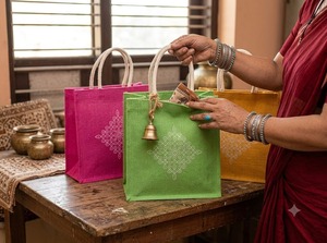 Sacs fourre-tout en toile de jute naturelle écologiques avec poignées en corde de coton, imprimé Kolam Rangoli blanc traditionnel, personnalisables et multifonctionnels - Product Image 3
