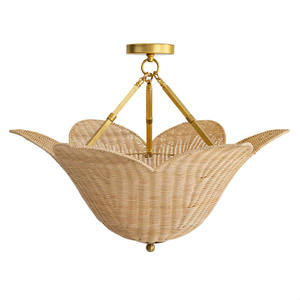 Abat-jour en rotin en forme de fleur évasée avec structure en métal doré, lanterne suspendue élégante pour salle à manger - Product Image 1