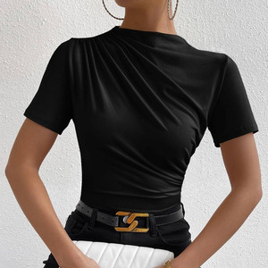 T-shirts pour femmes, mode décontractée, col rond, manches courtes, hauts pour enfants, respirants, couleur unie, plissés, t-shirts pour femmes - Product Image 1
