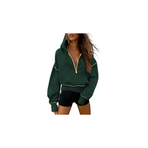 Sudadera corta de punto acanalado para mujer, con cremallera, elástica, ajustada, de manga larga, prenda de moda para mujer - Product Image 1