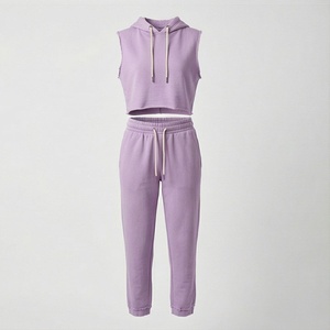 Conjunto de Top Corto sin Mangas con Capucha y Pantalones Jogger para Mujer, Color Lavanda Sólido, Informal, de Felpa, Dos Piezas, para Primavera/Verano - Product Image 1