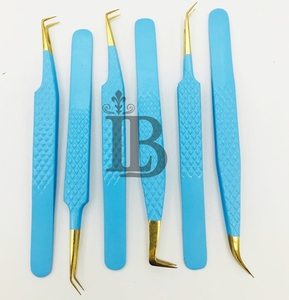 Pinzas de Extensión de Pestañas de Acero Inoxidable con Punta Dorada de Color Azul, Sostenibles, de Alta Calidad, Recién Llegadas, para Pestañas de Visón Mega Volumen - Product Image 6