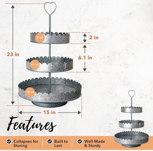 <b>3</b>-<b>Tiered</b> Iron Handmade Serving Tray with Heart Handle Wide Base for Stability Reusable Dishwasher Safe <b>Cake</b> <b>Stand</b> - Product Image 2
