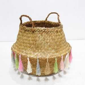 Cesta de Mimbre Ecológica y Duradera para Plantas, Cesto de Lavandería, Contenedor de Almacenamiento, con Flecos Coloridos, Multifuncional - Product Image 6