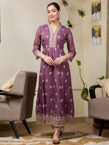 Purple Rayon Ankle-Length <b>Kurti</b> with Embroidery Traditional <b>Indian</b>-Pakistani Women's Casual Wear Loose Fit Dress - Product Image 6