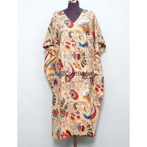 Kaftan pour femmes, robe maxi décontractée et élégante, 100% coton respirant, écologique, imprimé à la main, coupe régulière, col en V, sans manches - Product Image 1