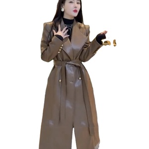 Gabardina de cuero auténtico suave marrón larga y elegante para mujer, abrigo impermeable de pasarela para primavera y otoño con fajas - Product Image 1