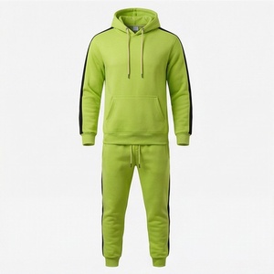 Men's Lime Green Hooded <b>Tracksuit</b> Full Sleeve Solid Color Casual Sportswear With Side Pockets Drawstring Closure - Product Image 1
