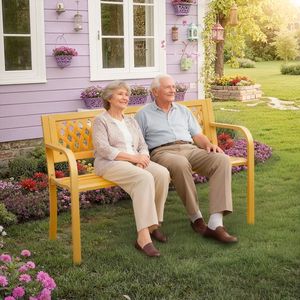 47in Yellow PVC Mesh <b>Backrest</b> Iron Bench for Patio Outdoor Benches - Product Image 3