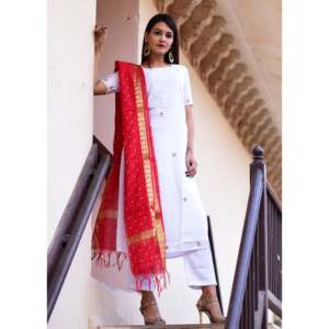 ชุดคุรติผ้าฝ้ายสีขาวสวยงามสำหรับผู้หญิง / ชุดคุรติอินเดียแขนสั้นพร้อมผ้าคลุมไหล่ กางเกงขายาวทรงตรง - Product Image 4