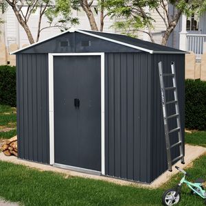 Caseta de Almacenamiento Metálica para Exteriores de 8 pies x 4 pies con Puerta Corredera y Base para Patio Trasero y Jardín (Negro y Blanco) - Product Image 1