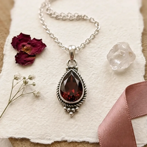 Classic Sterling Silver Garnet Pendant <b>Necklace</b> Water Drop Shape Bezel Setting Figaro Chain Unisex Everyday Wear Jewelry - Product Image 5
