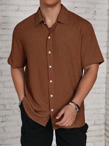 Men Fashion Textured Short Sleeve Button <b>Down</b> Shirt Casual Summer Resort Cuban Collar Lightweight Streetwear OEM - Product Image 2