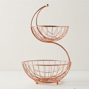 Élégante corbeille à fruits en fil de cuivre à double niveau, bol de rangement en métal avec poignée pour la présentation sur la table de cuisine - Product Image 2