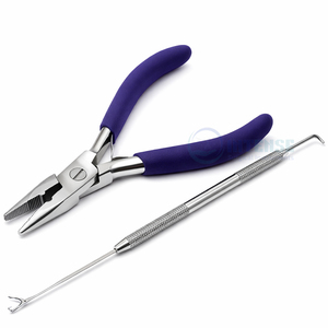 Alicates de 5 pulgadas de acero inoxidable para extensiones de cabello con mordaza dentada de 3.4mm de orificio completo, mango azul resistente y aguja de doble cara - Product Image 1