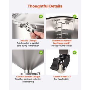 Fusto di Fermentazione Conico in Acciaio Inossidabile da 60L (16 Galloni) con Pressione di 15 PSI e Tubo di Raffreddamento per Macchinari Birra - Product Image 6