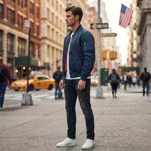 Chaqueta bomber de nailon azul marino para hombre, a prueba de viento, con cuello alto y cremallera, informal, para otoño. - Product Image 3
