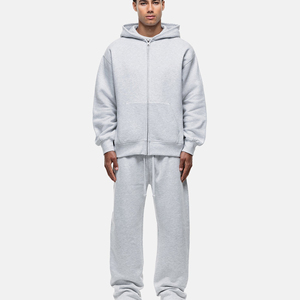 <b>Men's</b> Light Gray Hooded Tracksuit Full Zip Casual Loose Fit Solid Color Cotton Sweatshirt and Pants Set Autumn Wear - Product Image 1