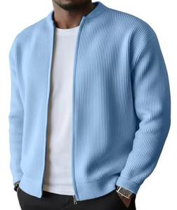 Blouson bomber côtelé en maille pour homme, à capuche, respirant, avec fermeture éclair, décontracté, pour l'automne, coupe classique, couleur unie, en toile - Product Image 6