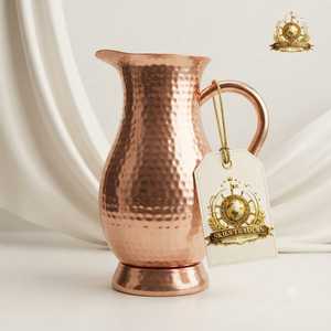 Carafe à eau cylindrique martelée en cuivre pur avec couvercle et poignée à bouton doré, récipient de stockage d'eau potable vintage, vente en gros - Product Image 2