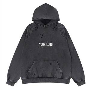 เสื้อฮู้ดวินเทจแต่งกรดทรงโอเวอร์ไซส์สไตล์สตรีทแวร์ผ้าฝ้ายเนื้อหนาพร้อมรอยเปื้อนและละอองสีแบบเก่าใช้แบบสวมหัวมีฮู้ด - Product Image 3