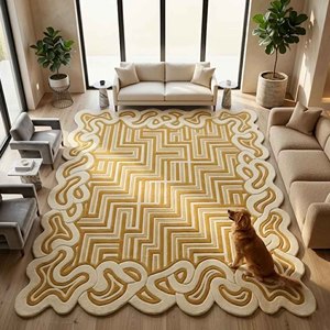 Tapis géométrique moderne crème et or, tufté, rectangulaire, antidérapant, en laine, pour salon, tapis moelleux et doux, décoration intérieure - Product Image 6