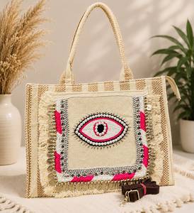 Sac fourre-tout en coton tissé à la main, tendance, avec détails de boutons peints à la main, pendentif œil perlé et franges, sac à bandoulière pour femme, usage quotidien et plage - Product Image 2