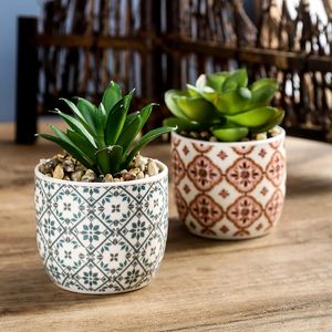 Set di 2 Piccoli Vasi in Ceramica con Fiori Artificiali Succulenti, Decorazione per Casa e Ufficio, Stile Rustico, Piante Verdi per Interni - Product Image 3