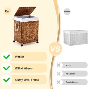 Cesto Portabiancheria Intrecciato in Giacinto d'Acqua Naturale con Coperchio e Ruote - Product Image 2