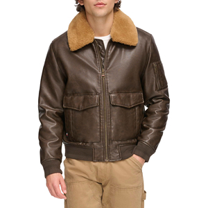 Blouson aviateur en cuir véritable marron pour homme, chaud pour l'hiver, avec col en fourrure sherpa et fermeture éclair - Product Image 3