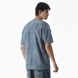 เสื้อยืดโอเวอร์ไซส์สีฟ้าอ่อน ขาดเซอร์ๆ แบบวินเทจ แขนสั้น คอกลม สไตล์สตรีทแวร์ - Product Image 3
