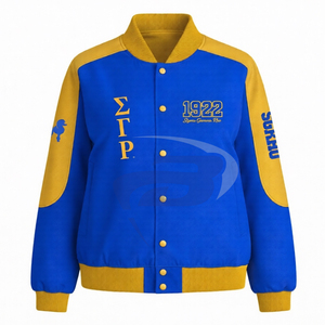 Chaqueta de sarga de algodón estilo carreras Sigma Gamma Rho SGR, ropa griega de hermandad, chaqueta de carreras con cuello alto y bloques de color - Product Image 3